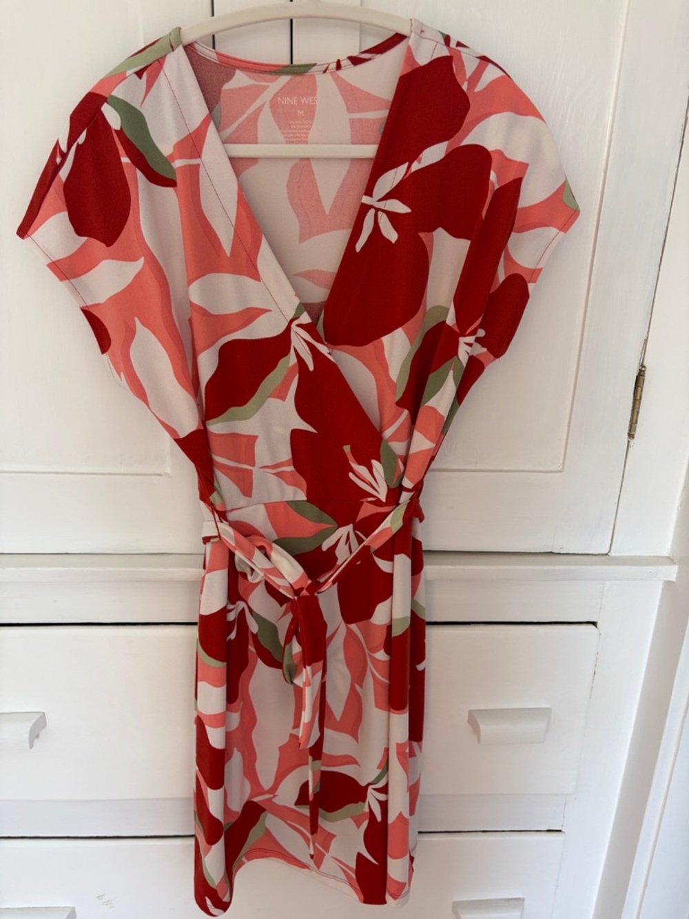 Nine West Red & Coral Floral Wrap Midi Dress